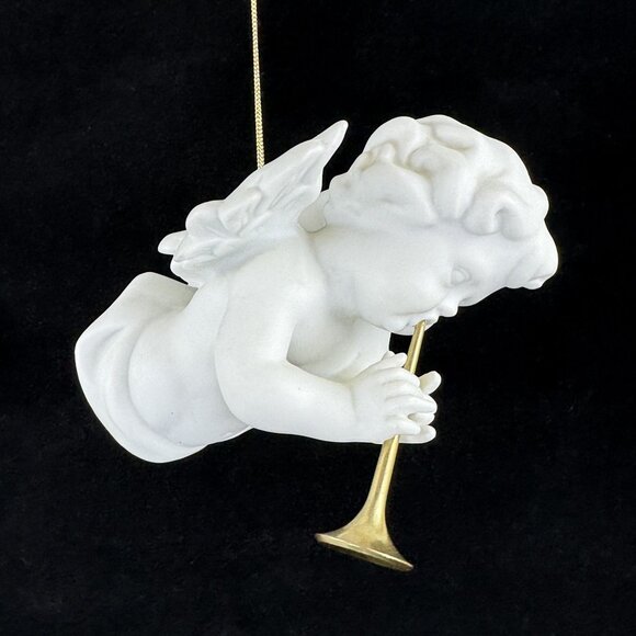Vintage Porcelain Cherub Angel Hanging Figurine Gold Cord Brass Trumpet Ornament - Picture 13 of 16